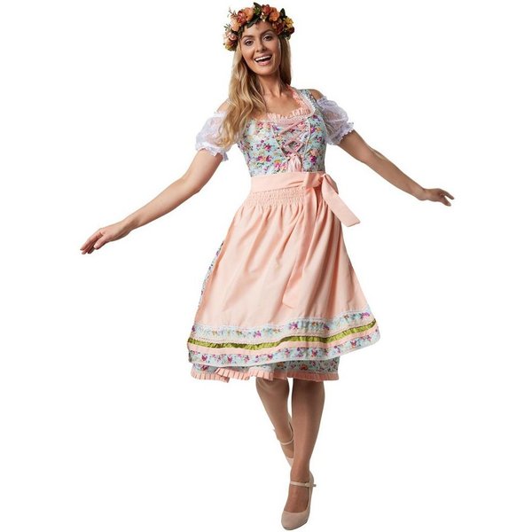 dressforfun Dirndl Midi-Dirndl, halblang, farbenfrohes Blumenmuster, passende Schürze (Trachtenkleid, Konfektionsgröße M, türkis/rosa) Reißv. rechts, filigrane 