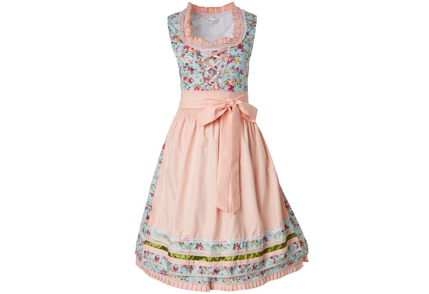 dressforfun Dirndl Midi-Dirndl, halblang, farbenfrohes Blumenmuster, passende Schürze (Trachtenkleid, Konfektionsgröße M, türkis/rosa) Reißv. rechts, filigrane  – Bild 2 von 5