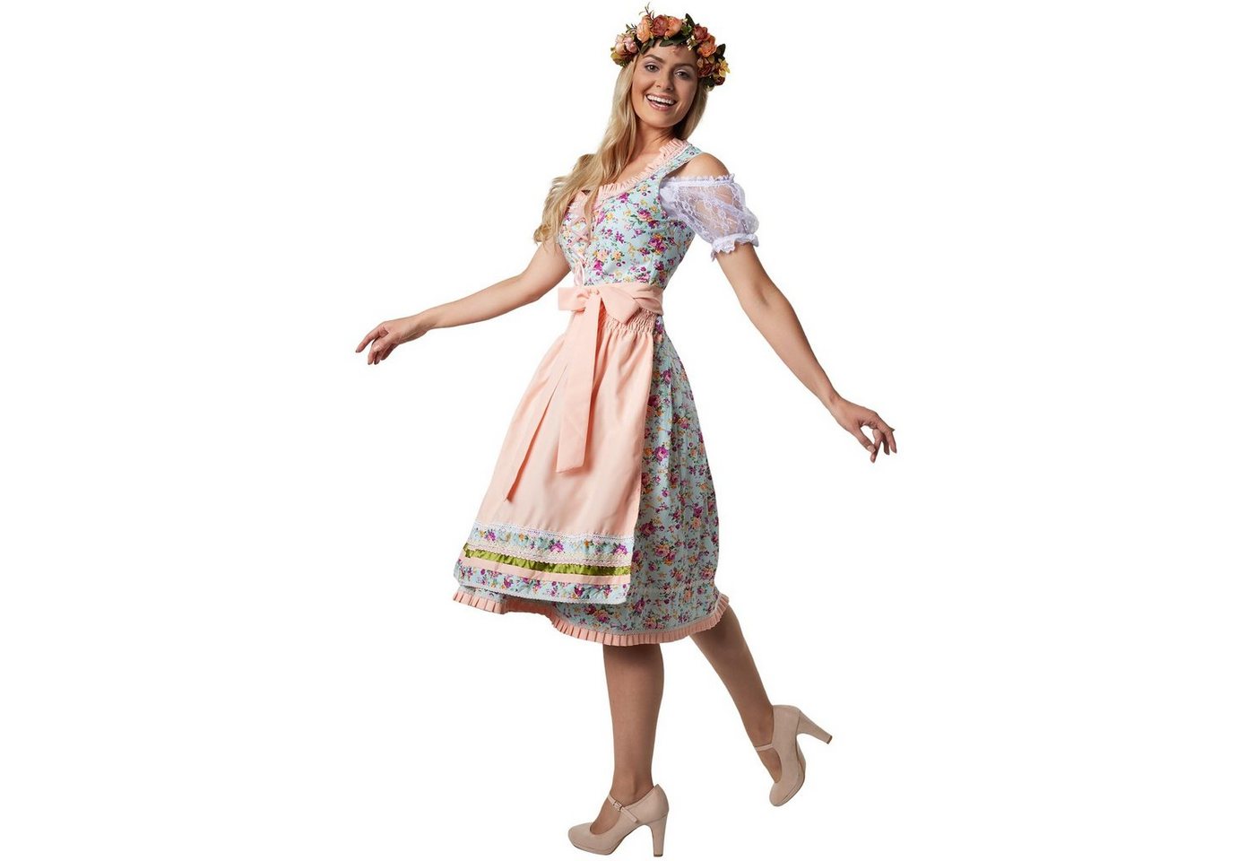 dressforfun Dirndl Midi-Dirndl, halblang, farbenfrohes Blumenmuster, passende Schürze (Trachtenkleid, Konfektionsgröße M, türkis/rosa) Reißv. rechts, filigrane  – Bild 4 von 5
