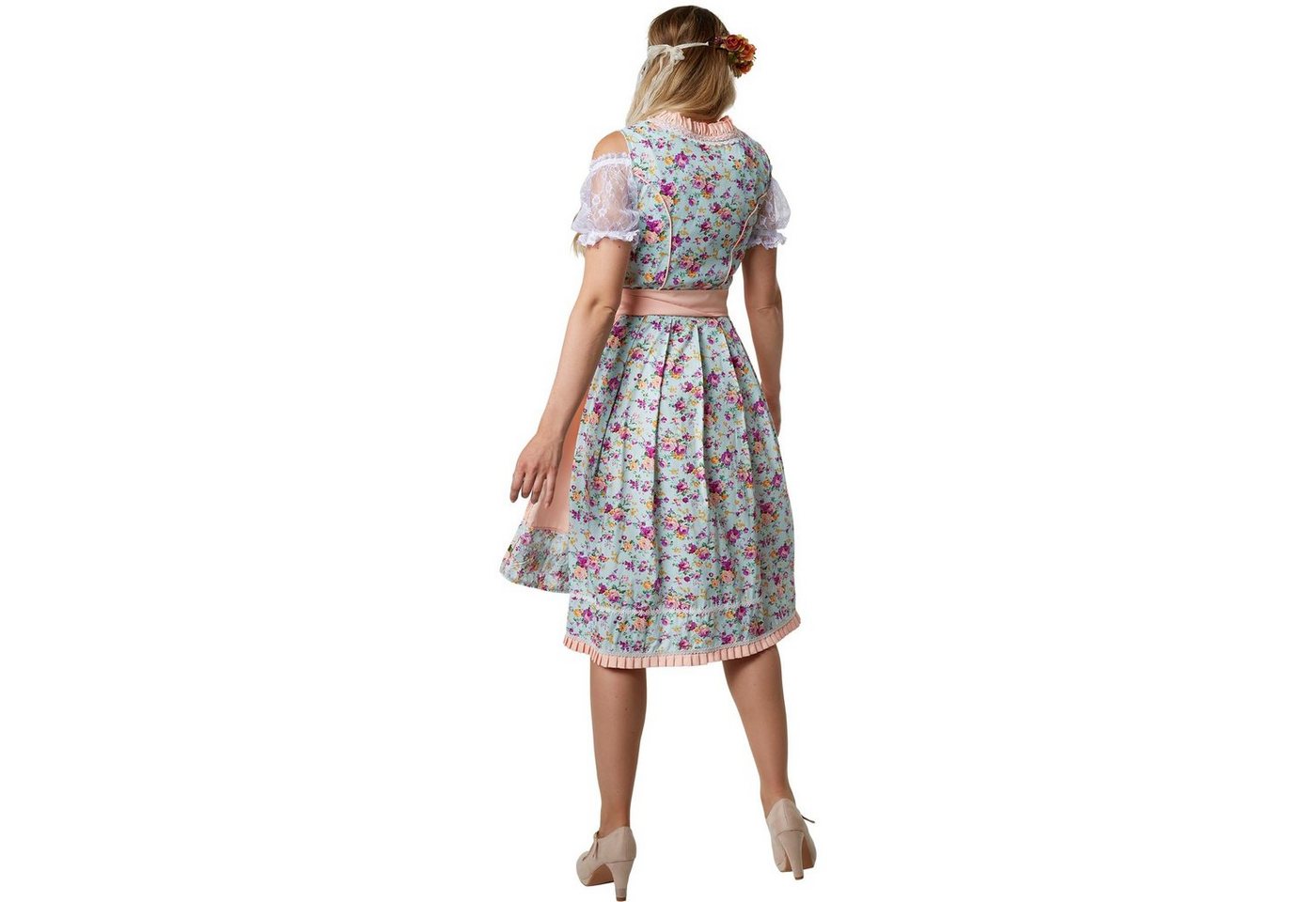 dressforfun Dirndl Midi-Dirndl, halblang, farbenfrohes Blumenmuster, passende Schürze (Trachtenkleid, Konfektionsgröße M, türkis/rosa) Reißv. rechts, filigrane  – Bild 5 von 5