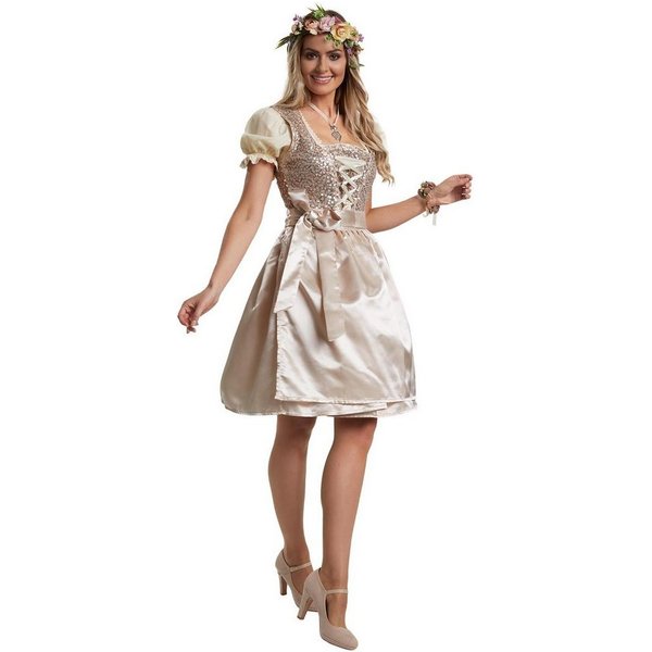 dressforfun Dirndl Mini-Dirndl, tailliert, Glanz-/Glitzeroptik, passende Schürze (Trachtenkleid, Konfektionsgröße S, beige) Reißverschluss rechts, Pailletten ob