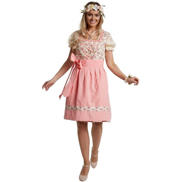 dressforfun Dirndl Mini-Dirndl, tailliert, kurz, Blumenmuster, Reißverschluss hinten (Trachtenkleid, Konfektionsgröße M, rosa) Schöne Schnürung vorn, Rüschen-Au