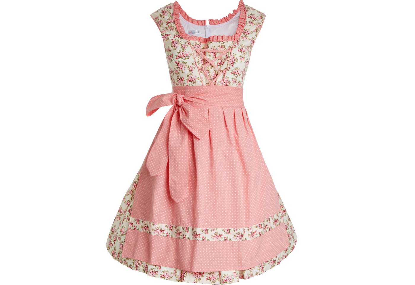 dressforfun Dirndl Mini-Dirndl, tailliert, kurz, Blumenmuster, Reißverschluss hinten (Trachtenkleid, Konfektionsgröße M, rosa) Schöne Schnürung vorn, Rüschen-Au – Bild 2 von 5