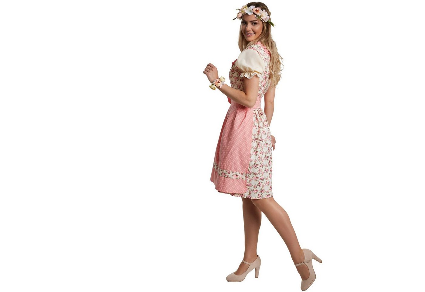 dressforfun Dirndl Mini-Dirndl, tailliert, kurz, Blumenmuster, Reißverschluss hinten (Trachtenkleid, Konfektionsgröße M, rosa) Schöne Schnürung vorn, Rüschen-Au – Bild 4 von 5