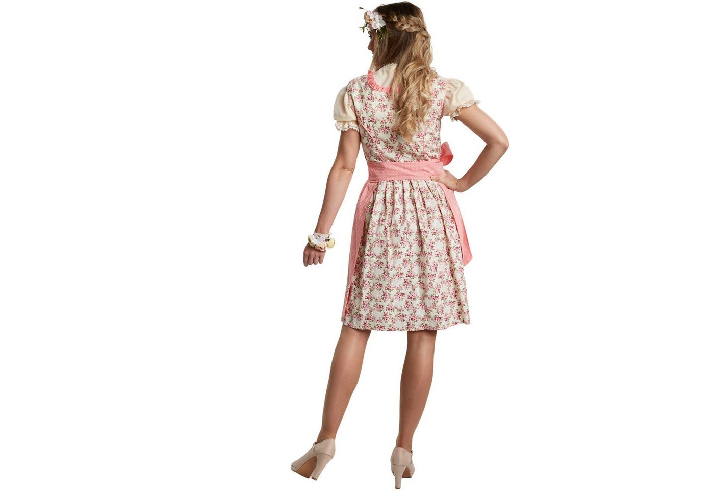dressforfun Dirndl Mini-Dirndl, tailliert, kurz, Blumenmuster, Reißverschluss hinten (Trachtenkleid, Konfektionsgröße M, rosa) Schöne Schnürung vorn, Rüschen-Au – Bild 5 von 5