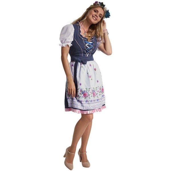 dressforfun Dirndl Mini-Dirndl, tailliert, kurz, dunkelblau, Reißverschluss rechts (Trachtenkleid, Konfektionsgröße M, blau/weiß) Strass-Schnürung, Rüschen an A