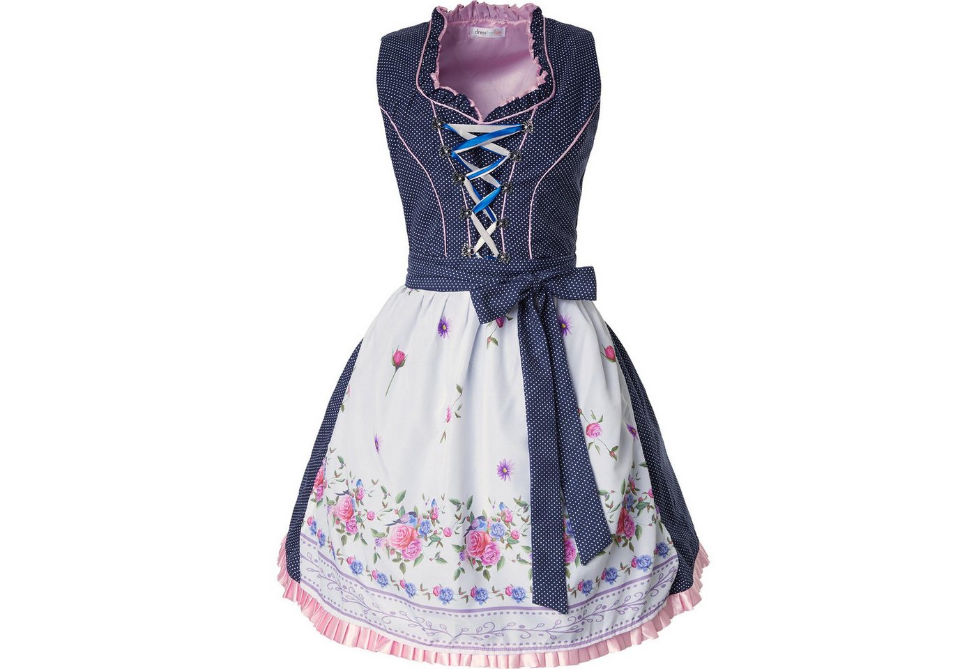 dressforfun Dirndl Mini-Dirndl, tailliert, kurz, dunkelblau, Reißverschluss rechts (Trachtenkleid, Konfektionsgröße M, blau/weiß) Strass-Schnürung, Rüschen an A – Bild 2 von 5
