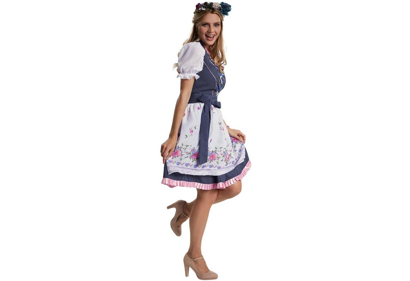 dressforfun Dirndl Mini-Dirndl, tailliert, kurz, dunkelblau, Reißverschluss rechts (Trachtenkleid, Konfektionsgröße M, blau/weiß) Strass-Schnürung, Rüschen an A – Bild 4 von 5