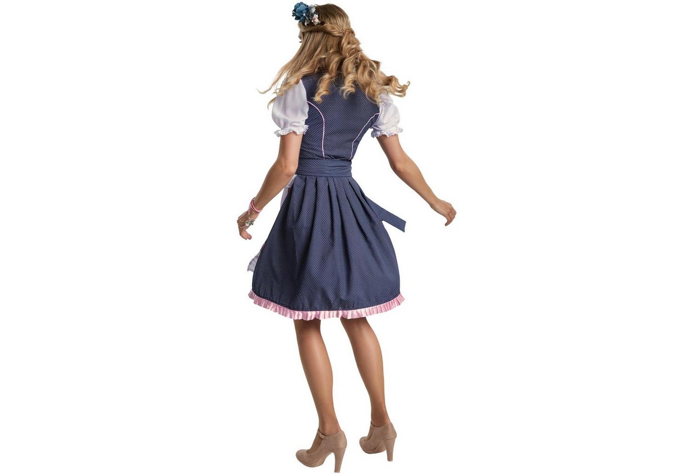dressforfun Dirndl Mini-Dirndl, tailliert, kurz, dunkelblau, Reißverschluss rechts (Trachtenkleid, Konfektionsgröße M, blau/weiß) Strass-Schnürung, Rüschen an A – Bild 5 von 5