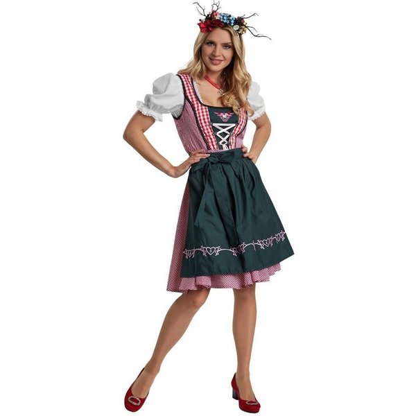 dressforfun Dirndl Mini-Dirndl, figurbetont, Karo/Borten, kurzer Rock, bayerische (Trachtenkleid, Konfektionsgröße S, rot/weiß) Strassschnürung, Stickerei unter
