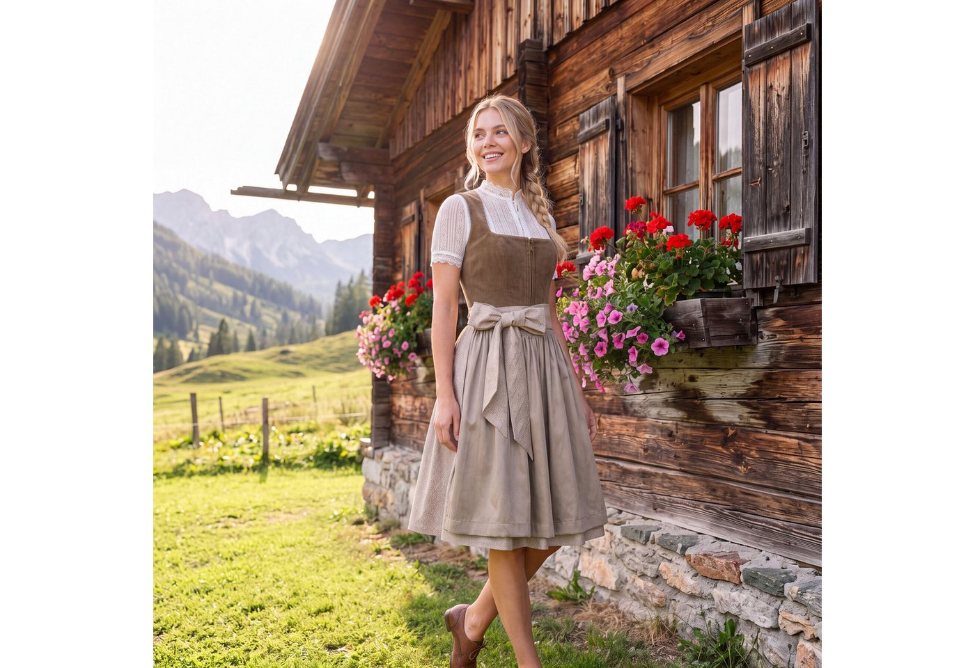 dressforfun Dirndl Mini-Dirndl Camel/Rosé, Cord-Mieder, Reißverschluss statt Schnürung (Trachtenkleid Jenna, in cappuccino) Versteckte Taschen, gerader Ausschni – Bild 3 von 5