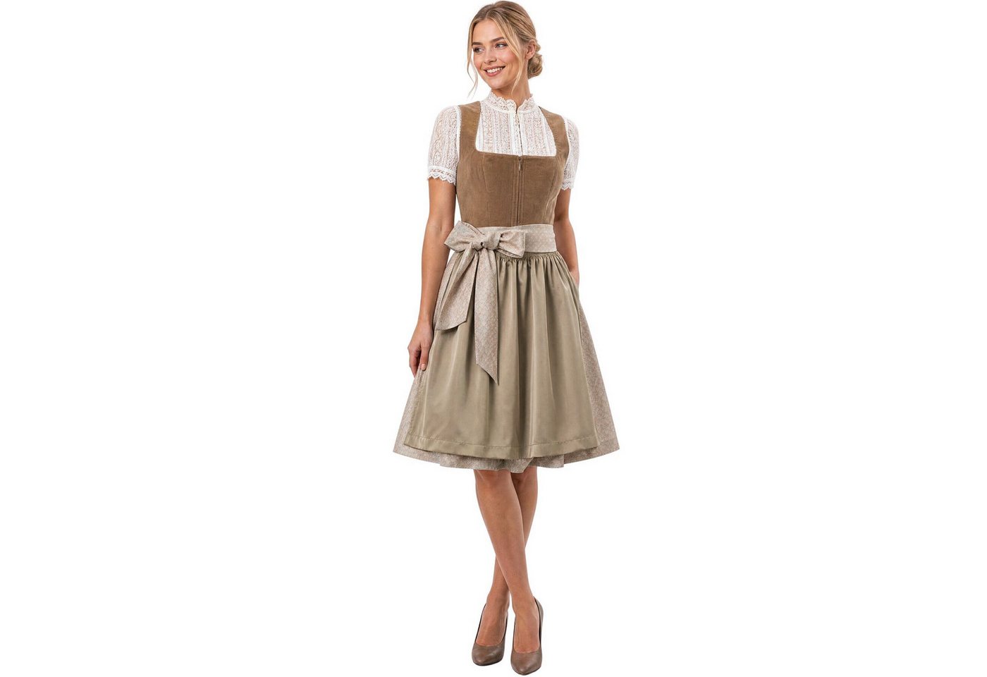 dressforfun Dirndl Mini-Dirndl Camel/Rosé, Cord-Mieder, Reißverschluss statt Schnürung (Trachtenkleid Jenna, in cappuccino) Versteckte Taschen, gerader Ausschni – Bild 4 von 5