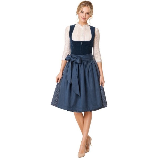 dressforfun Dirndl Mini-Dirndl in Dunkelblau, tailliertes Cord-Mieder mit (Trachtenkleid Carina, in blau) Versteckte Taschen, Rechteckausschnitt, blaue Schürze,