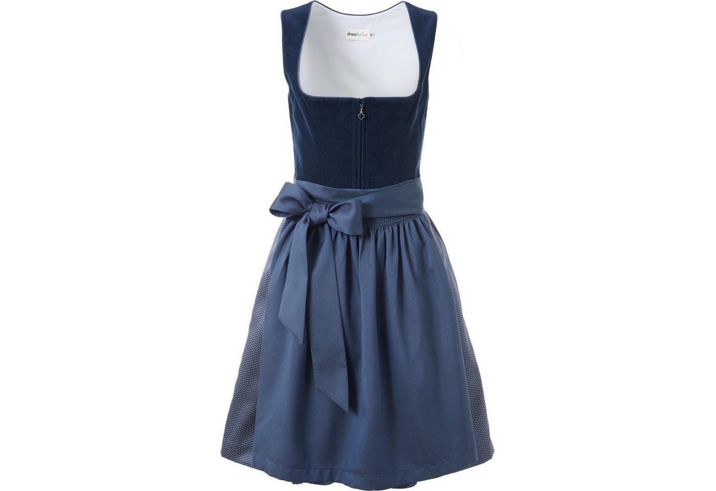 dressforfun Dirndl Mini-Dirndl in Dunkelblau, tailliertes Cord-Mieder mit (Trachtenkleid Carina, in blau) Versteckte Taschen, Rechteckausschnitt, blaue Schürze, – Bild 2 von 5