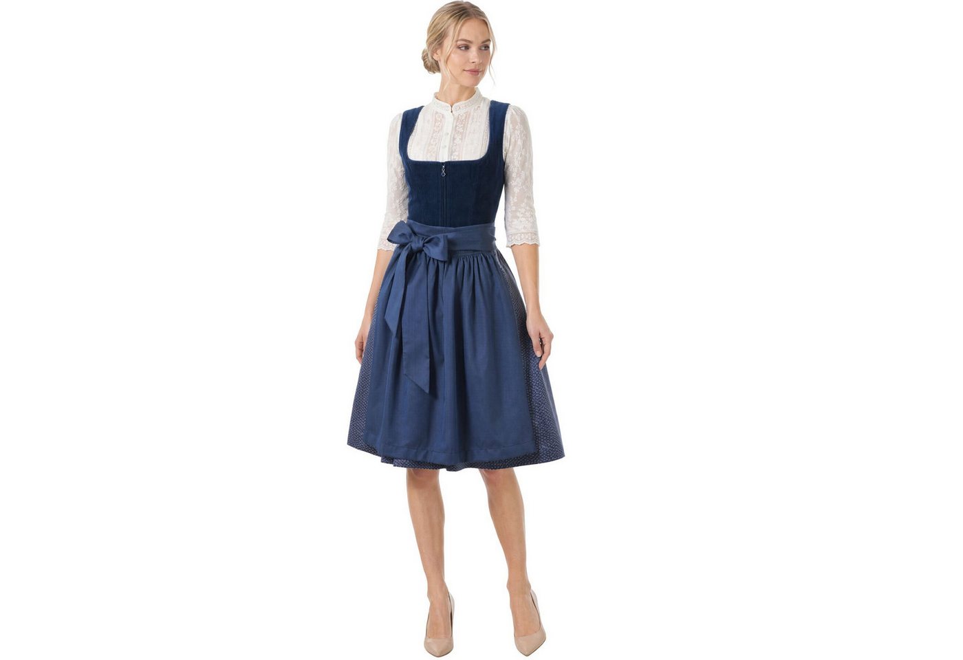 dressforfun Dirndl Mini-Dirndl in Dunkelblau, tailliertes Cord-Mieder mit (Trachtenkleid Carina, in blau) Versteckte Taschen, Rechteckausschnitt, blaue Schürze, – Bild 4 von 5