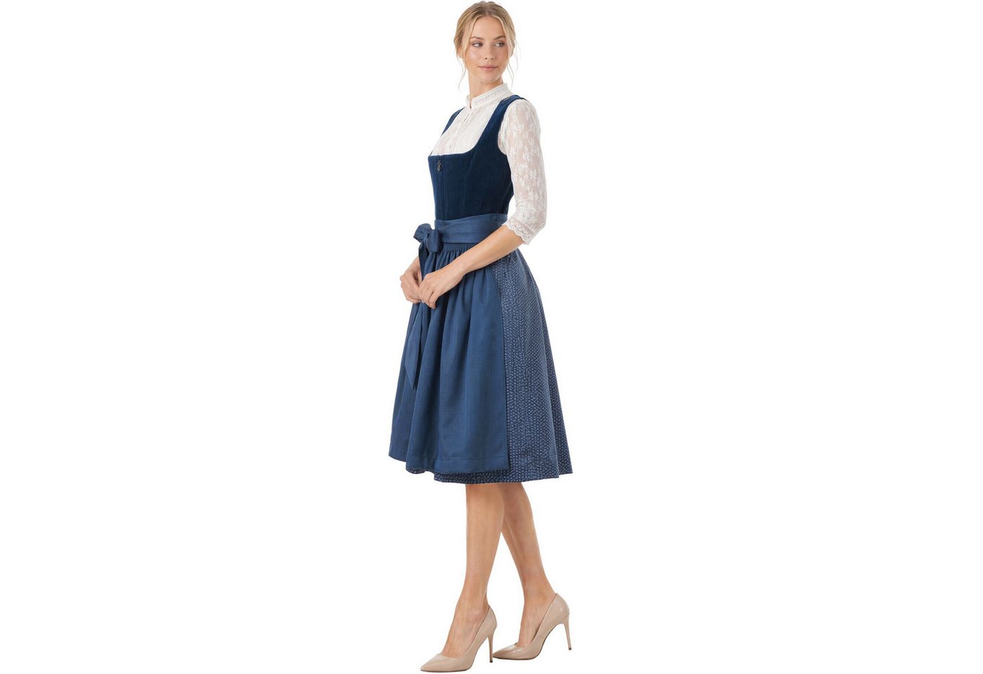 dressforfun Dirndl Mini-Dirndl in Dunkelblau, tailliertes Cord-Mieder mit (Trachtenkleid Carina, in blau) Versteckte Taschen, Rechteckausschnitt, blaue Schürze, – Bild 5 von 5