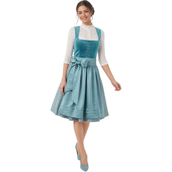 dressforfun Dirndl Petrol-Mini-Dirndl, versteckte Taschen, Samtmieder, gerader (Trachtenkleid Ronja, Konfektionsgröße 42, grün) Knopfleiste vorn, Floralrock, Pe