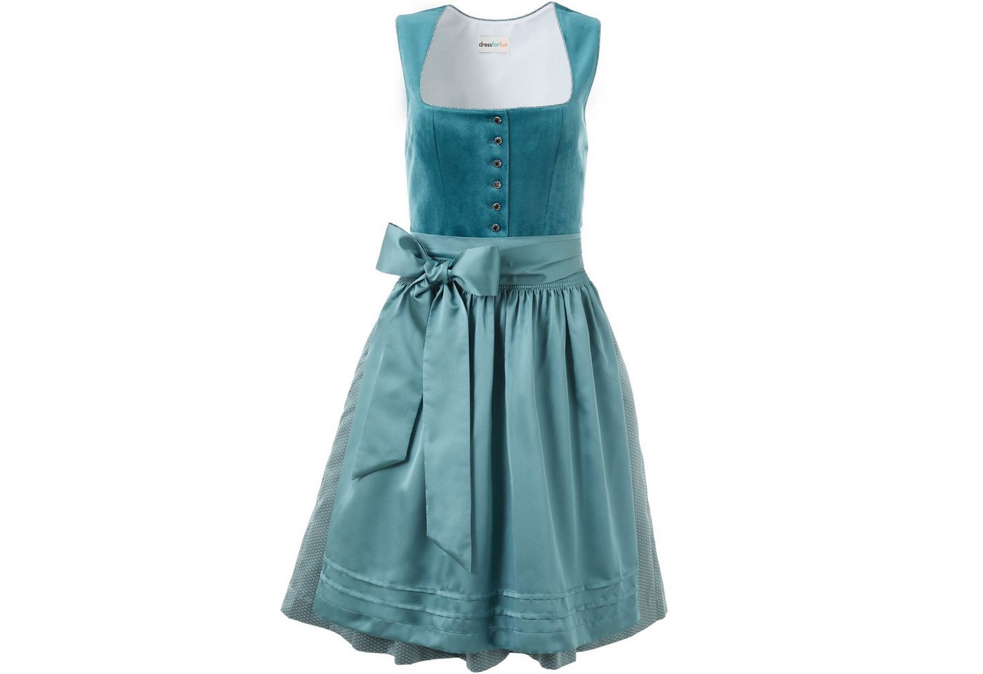 dressforfun Dirndl Petrol-Mini-Dirndl, versteckte Taschen, Samtmieder, gerader (Trachtenkleid Ronja, Konfektionsgröße 42, grün) Knopfleiste vorn, Floralrock, Pe – Bild 2 von 5