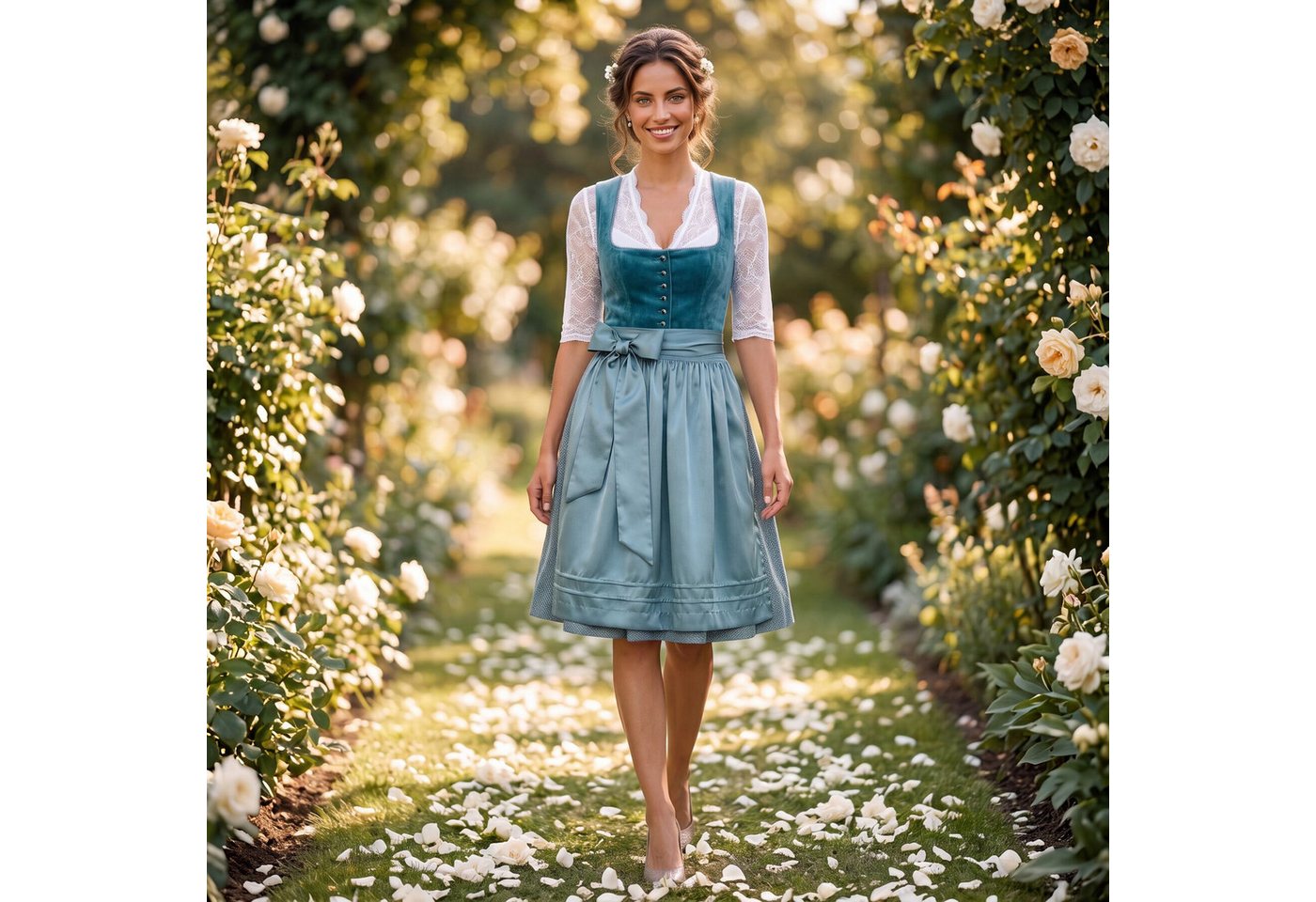 dressforfun Dirndl Petrol-Mini-Dirndl, versteckte Taschen, Samtmieder, gerader (Trachtenkleid Ronja, Konfektionsgröße 42, grün) Knopfleiste vorn, Floralrock, Pe – Bild 3 von 5