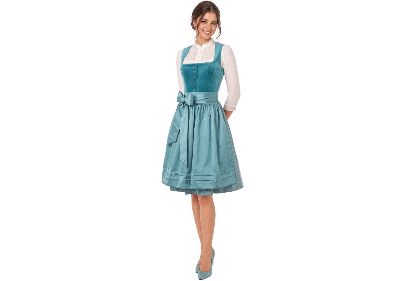 dressforfun Dirndl Petrol-Mini-Dirndl, versteckte Taschen, Samtmieder, gerader (Trachtenkleid Ronja, Konfektionsgröße 42, grün) Knopfleiste vorn, Floralrock, Pe – Bild 4 von 5