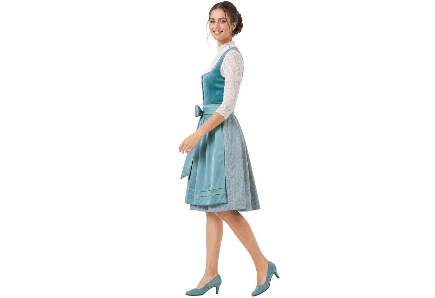dressforfun Dirndl Petrol-Mini-Dirndl, versteckte Taschen, Samtmieder, gerader (Trachtenkleid Ronja, Konfektionsgröße 42, grün) Knopfleiste vorn, Floralrock, Pe – Bild 5 von 5