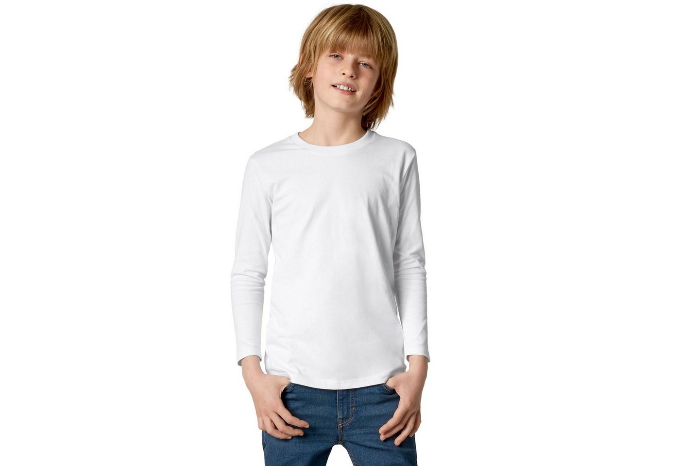 dressforfun Longsleeve Langarmtop, Für viele Outfits & Auftritte, Rundhals mit (Freizeitoberteil, Konfektionsgröße 116 (5-7 Jahre) in weiß) Einfarbiges Langarm- – Bild 4 von 5