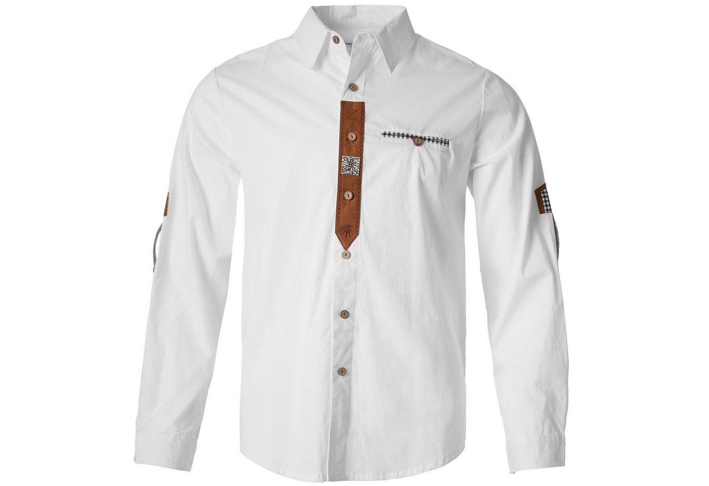 dressforfun Longsleeve Trachtenhemd, Leichter Baumwollstoff, Knopfleiste mit Ledereinsatz (Wiesnhemd, Konfektionsgröße XXL in weiß) Edelweißstickerei und Edelwe – Bild 2 von 5