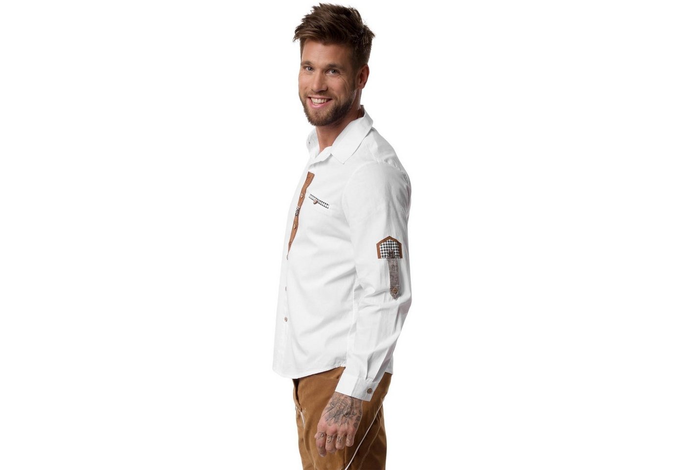 dressforfun Longsleeve Trachtenhemd, Leichter Baumwollstoff, Knopfleiste mit Ledereinsatz (Wiesnhemd, Konfektionsgröße XXL in weiß) Edelweißstickerei und Edelwe – Bild 4 von 5
