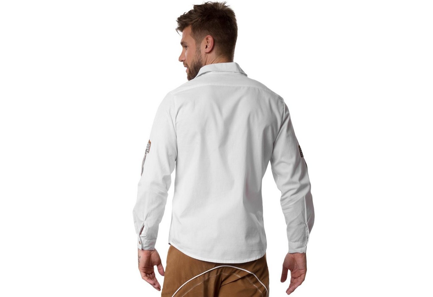 dressforfun Longsleeve Trachtenhemd, Leichter Baumwollstoff, Knopfleiste mit Ledereinsatz (Wiesnhemd, Konfektionsgröße XXL in weiß) Edelweißstickerei und Edelwe – Bild 5 von 5