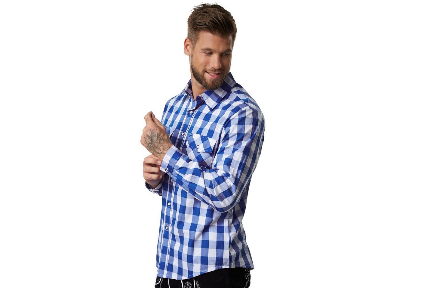 dressforfun Longsleeve Trachtenhemd, Für viele Outfits & Anlässe, Langarmhemd mit (Wiesnhemd, Konfektionsgröße M in blau/weiß) Zwei Brusttaschen zum Verschließe – Bild 4 von 5