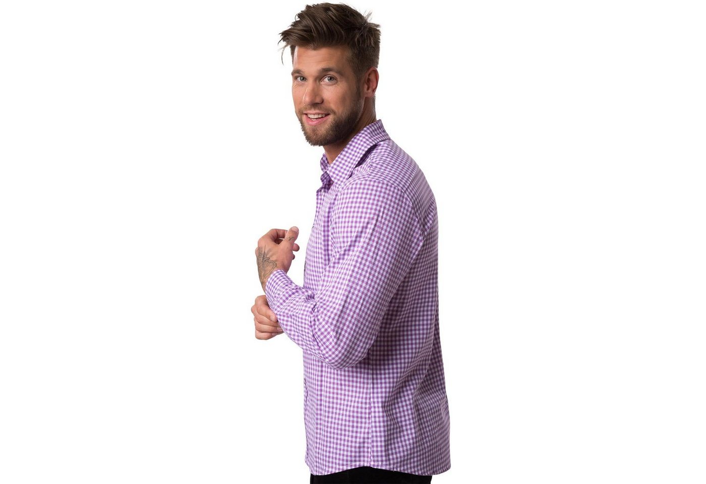 dressforfun Longsleeve Trachtenhemd, Für viele Outfits & Anlässe, Langarmhemd mit (Wiesnhemd, Konfektionsgröße L in lila/weiß) Zweifarbiges Karomuster in kleine – Bild 3 von 5