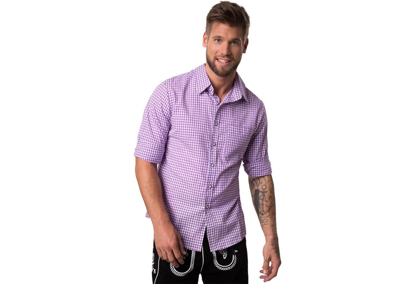 dressforfun Longsleeve Trachtenhemd, Für viele Outfits & Anlässe, Langarmhemd mit (Wiesnhemd, Konfektionsgröße L in lila/weiß) Zweifarbiges Karomuster in kleine – Bild 5 von 5