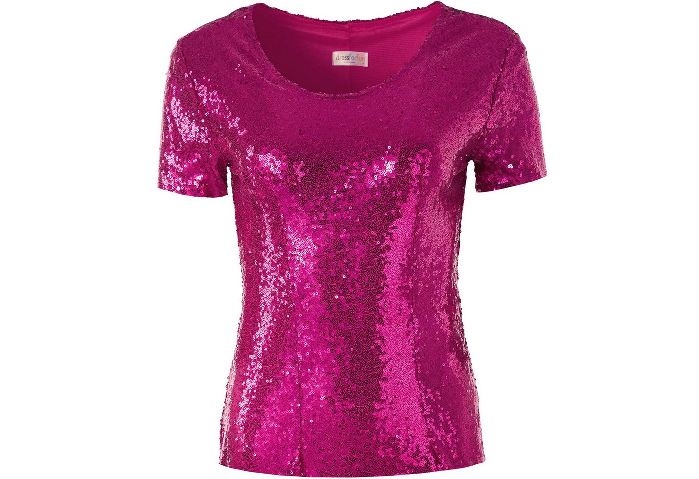 dressforfun T-Shirt Kurzarmtop, Damen-Shirt mit kurzen Ärmeln und Rundhalsausschnitt (Freizeitoberteil, Konfektionsgröße XXL in pink) Vorn mit glänzenden Paille – Bild 2 von 5