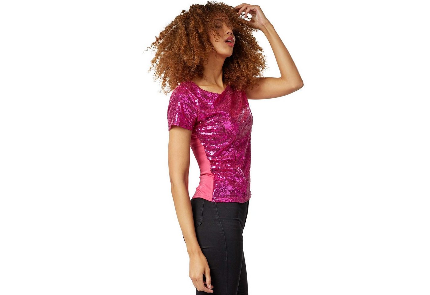 dressforfun T-Shirt Kurzarmtop, Damen-Shirt mit kurzen Ärmeln und Rundhalsausschnitt (Freizeitoberteil, Konfektionsgröße XXL in pink) Vorn mit glänzenden Paille – Bild 4 von 5