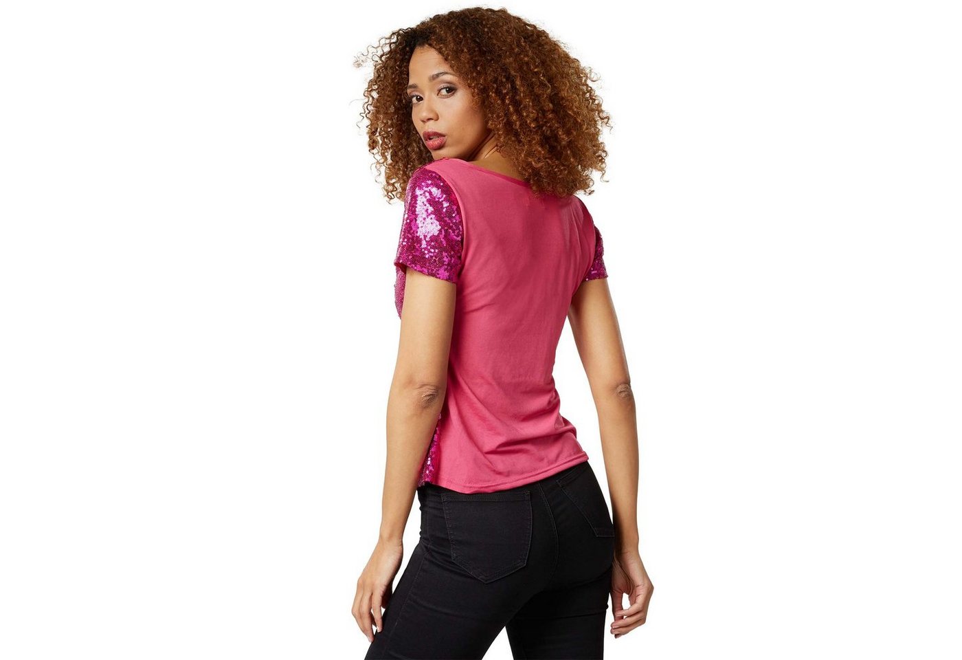 dressforfun T-Shirt Kurzarmtop, Damen-Shirt mit kurzen Ärmeln und Rundhalsausschnitt (Freizeitoberteil, Konfektionsgröße XXL in pink) Vorn mit glänzenden Paille – Bild 5 von 5
