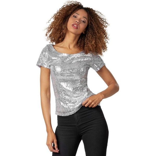 dressforfun T-Shirt Kurzarmtop, Damen-Shirt mit kurzen Ärmeln und Rundhalsausschnitt (Freizeitoberteil, Konfektionsgröße L in silber) Vorn mit glänzenden Paille