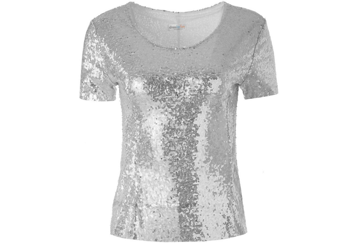 dressforfun T-Shirt Kurzarmtop, Damen-Shirt mit kurzen Ärmeln und Rundhalsausschnitt (Freizeitoberteil, Konfektionsgröße L in silber) Vorn mit glänzenden Paille – Bild 2 von 5