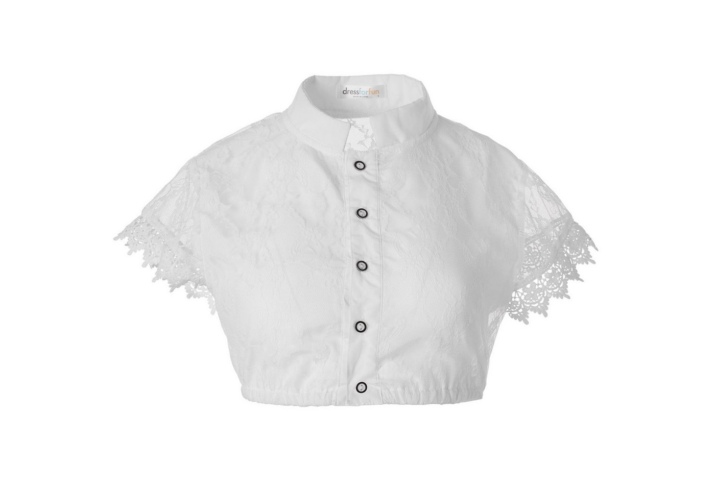 dressforfun Trachtenbluse Dirndlbluse mit Kragen, Knopfleiste und elastischem Gummisaum (Frauentracht Vroni, in weiß) Blumenspitze vollflächig, blickdichte Fron – Bild 2 von 5