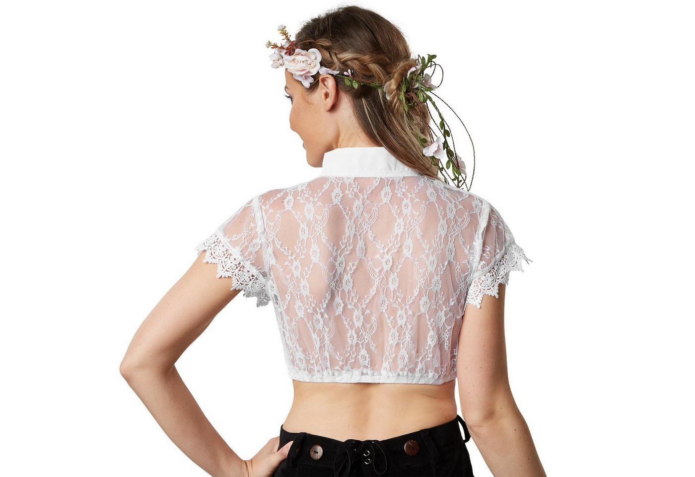 dressforfun Trachtenbluse Dirndlbluse mit Kragen, Knopfleiste und elastischem Gummisaum (Frauentracht Vroni, in weiß) Blumenspitze vollflächig, blickdichte Fron – Bild 4 von 5