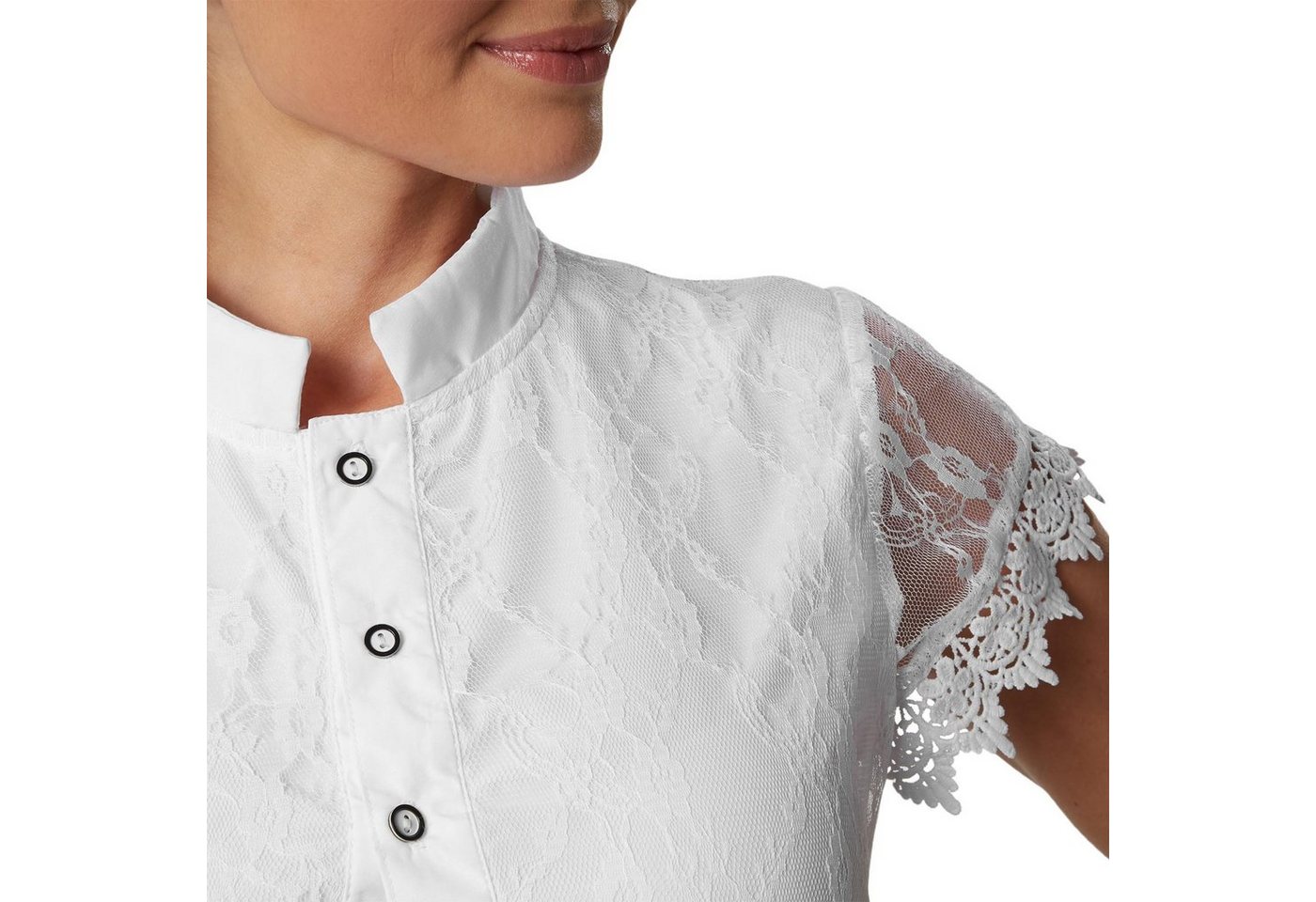 dressforfun Trachtenbluse Dirndlbluse mit Kragen, Knopfleiste und elastischem Gummisaum (Frauentracht Vroni, in weiß) Blumenspitze vollflächig, blickdichte Fron – Bild 5 von 5