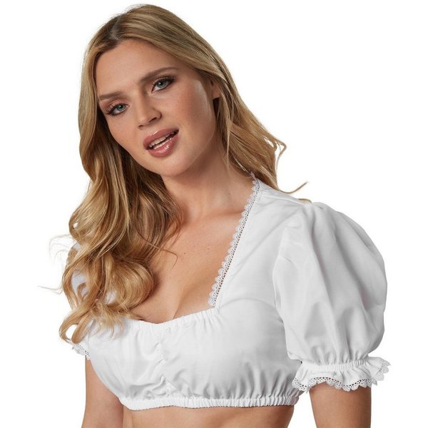 dressforfun Trachtenbluse Einfarbige Dirndlbluse mit Verstärkung im oberen Rückenbereich (Frauentracht Antonia, in weiß) Trapez-Ausschnitt mit Spitze, kurze Rüs