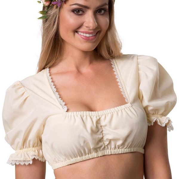 dressforfun Trachtenbluse Einfarbige Dirndlbluse mit Verstärkung im oberen Rückenbereich (Frauentracht Anni, in beige) Trapez-Ausschnitt mit Spitze, kurze Rüsch