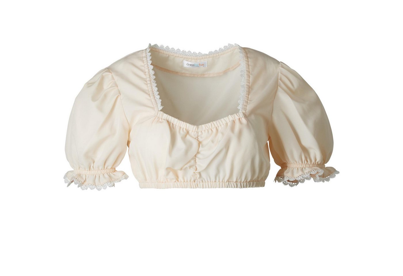 dressforfun Trachtenbluse Einfarbige Dirndlbluse mit Verstärkung im oberen Rückenbereich (Frauentracht Anni, in beige) Trapez-Ausschnitt mit Spitze, kurze Rüsch – Bild 2 von 5