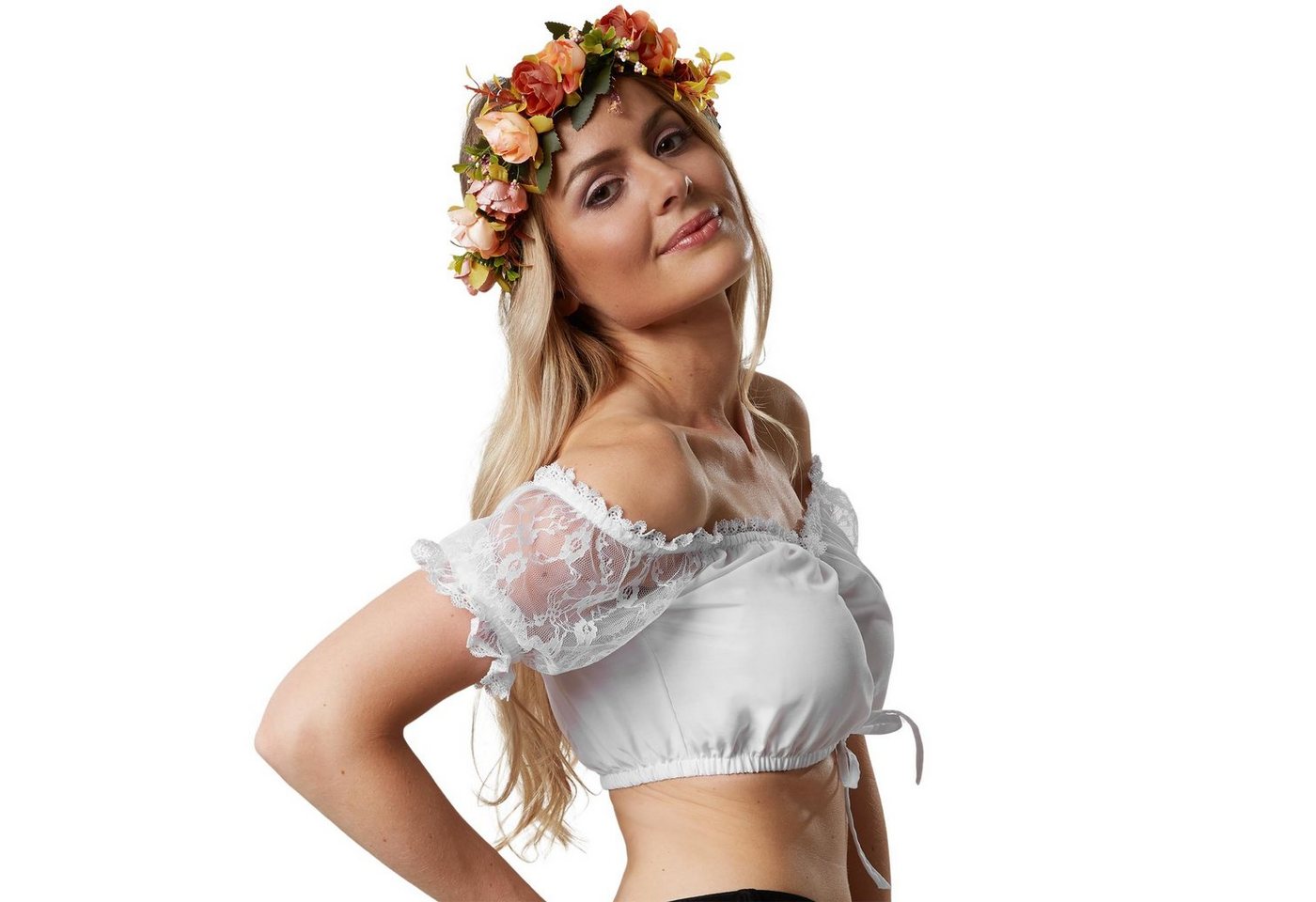 dressforfun Trachtenbluse Einfarbige Dirndlbluse mit Satin-Tunnelzug zur Größeneinstellung (Frauentracht Lore, in weiß) Carmen-Ausschnitt, Rüschenärmel aus Blum – Bild 3 von 5
