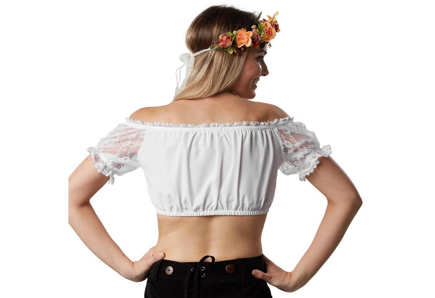 dressforfun Trachtenbluse Einfarbige Dirndlbluse mit Satin-Tunnelzug zur Größeneinstellung (Frauentracht Lore, in weiß) Carmen-Ausschnitt, Rüschenärmel aus Blum – Bild 4 von 5