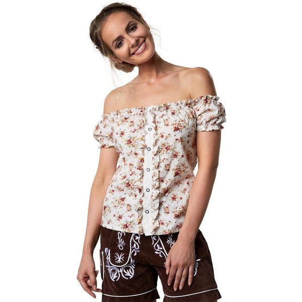 dressforfun Trachtenbluse Kurzärmelige Dirndlbluse aus reiner Baumwolle mit Carmen-Ausschnitt (Landhausbluse Sopherl, in bunt) Rüschen-Knopfleiste, Rückenschnür