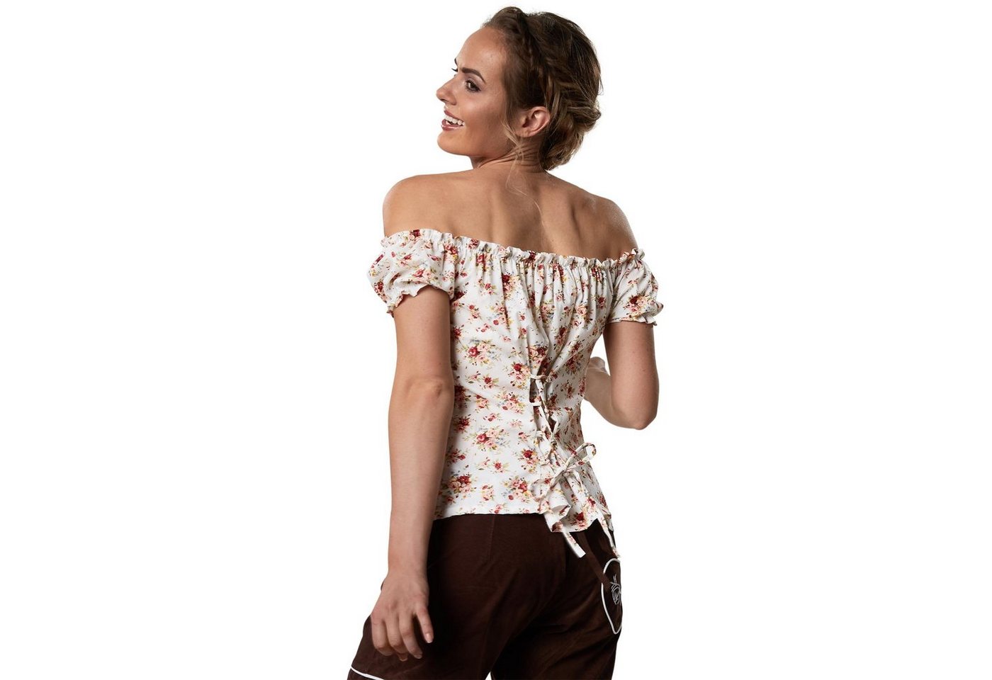 dressforfun Trachtenbluse Kurzärmelige Dirndlbluse aus reiner Baumwolle mit Carmen-Ausschnitt (Landhausbluse Sopherl, in bunt) Rüschen-Knopfleiste, Rückenschnür – Bild 2 von 5