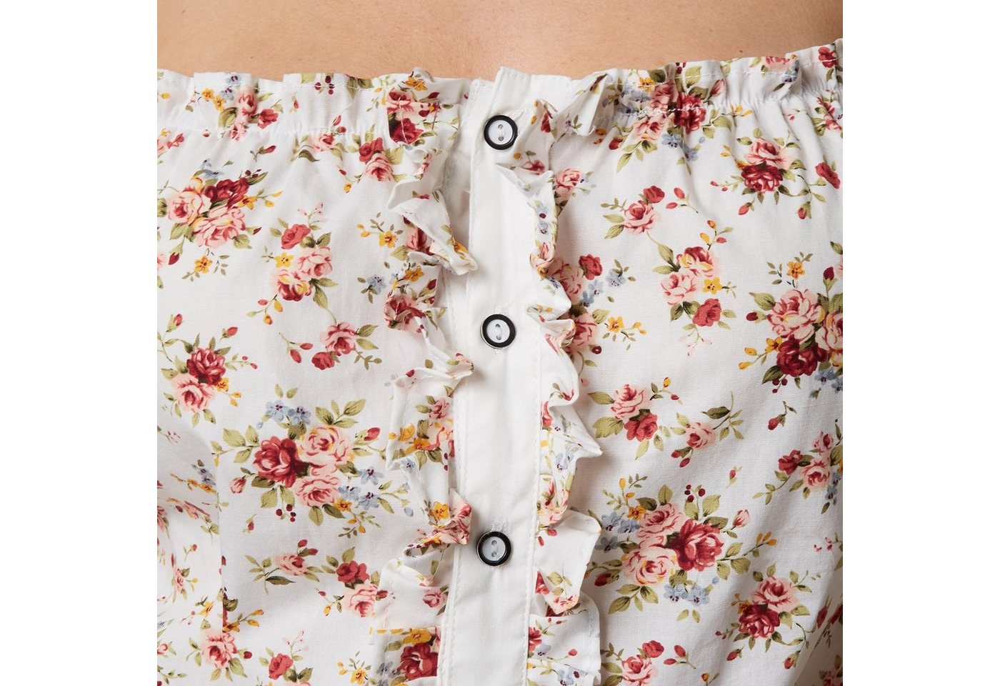 dressforfun Trachtenbluse Kurzärmelige Dirndlbluse aus reiner Baumwolle mit Carmen-Ausschnitt (Landhausbluse Sopherl, in bunt) Rüschen-Knopfleiste, Rückenschnür – Bild 3 von 5