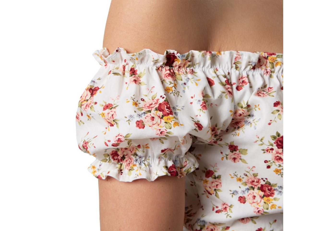 dressforfun Trachtenbluse Kurzärmelige Dirndlbluse aus reiner Baumwolle mit Carmen-Ausschnitt (Landhausbluse Sopherl, in bunt) Rüschen-Knopfleiste, Rückenschnür – Bild 4 von 5