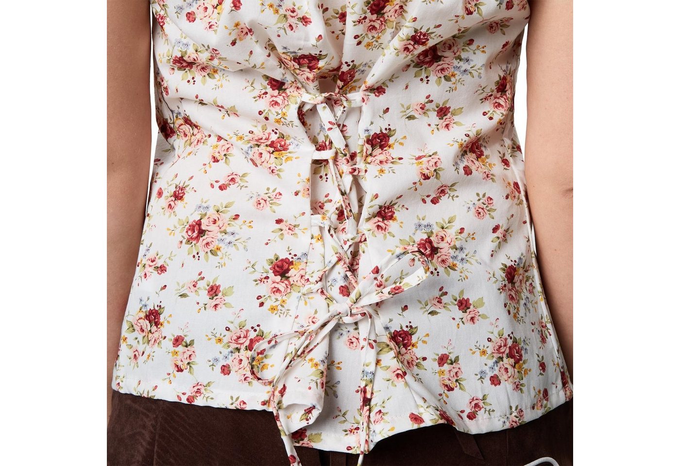 dressforfun Trachtenbluse Kurzärmelige Dirndlbluse aus reiner Baumwolle mit Carmen-Ausschnitt (Landhausbluse Sopherl, in bunt) Rüschen-Knopfleiste, Rückenschnür – Bild 5 von 5